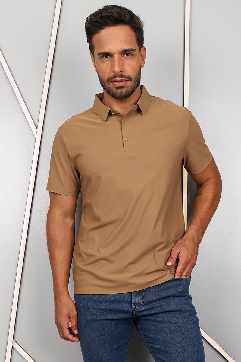 【LIDNM】Te/Ca Milled Light Polo Camisa Polo Masculina Dry Fit Tech Costura Laser (Capuccino)